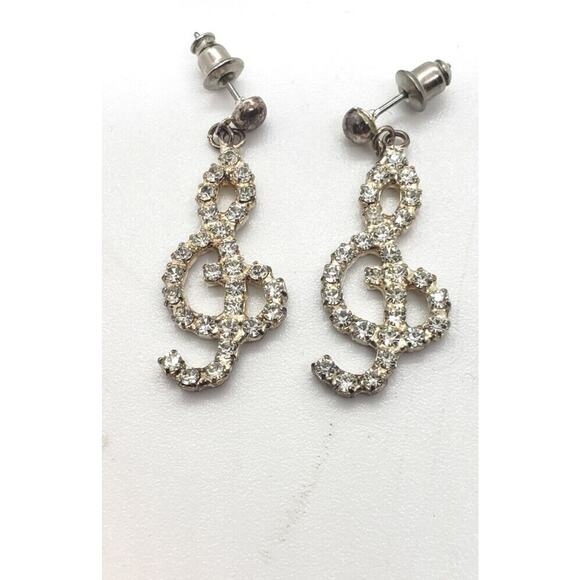 Vintage Jewelry - Vintage Earrings Music Note Rhinestone & Sterling Silver Musical Sing Singing